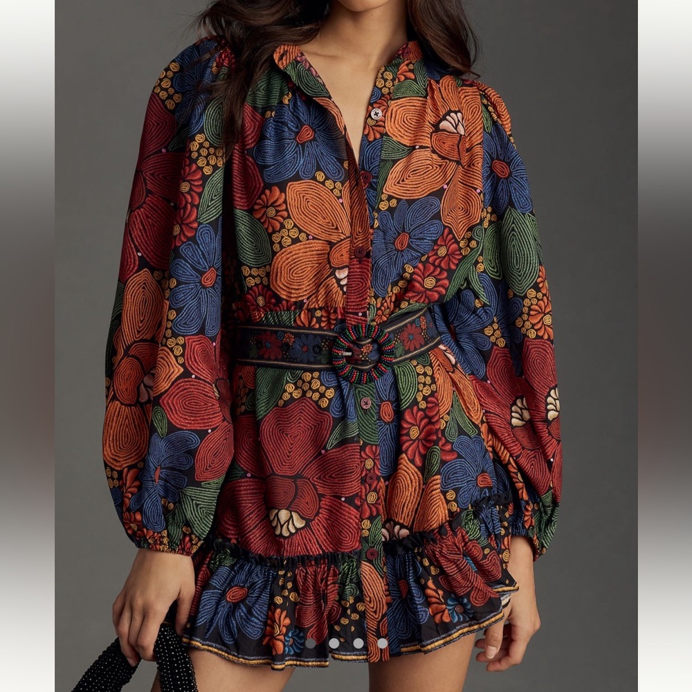 ISO FARM Rio Long-Sleeve Stitched Flowers Mini Dress